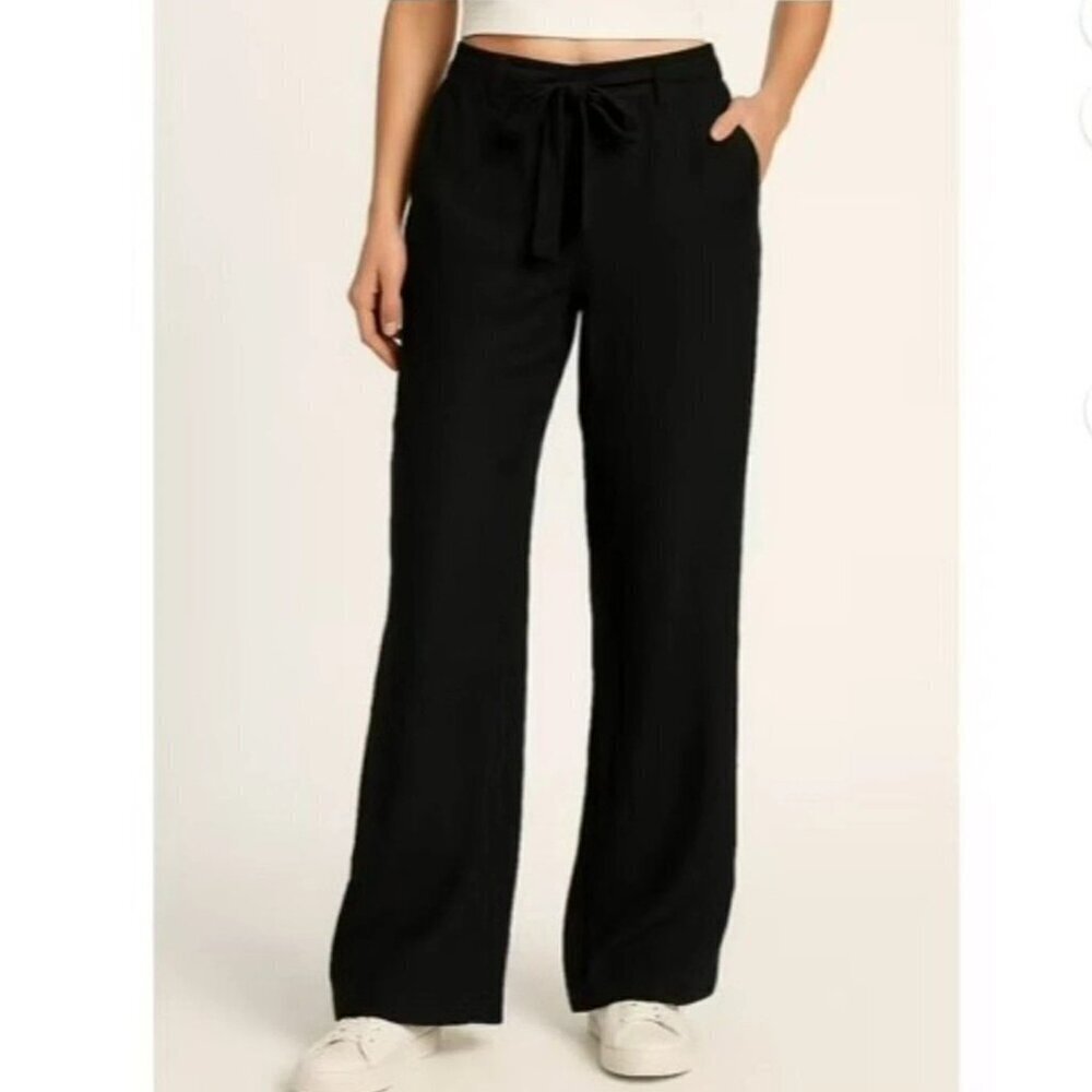 NEW Soundstyle Women's M Black Linen Blend Wide-Leg Pants Tied Waist